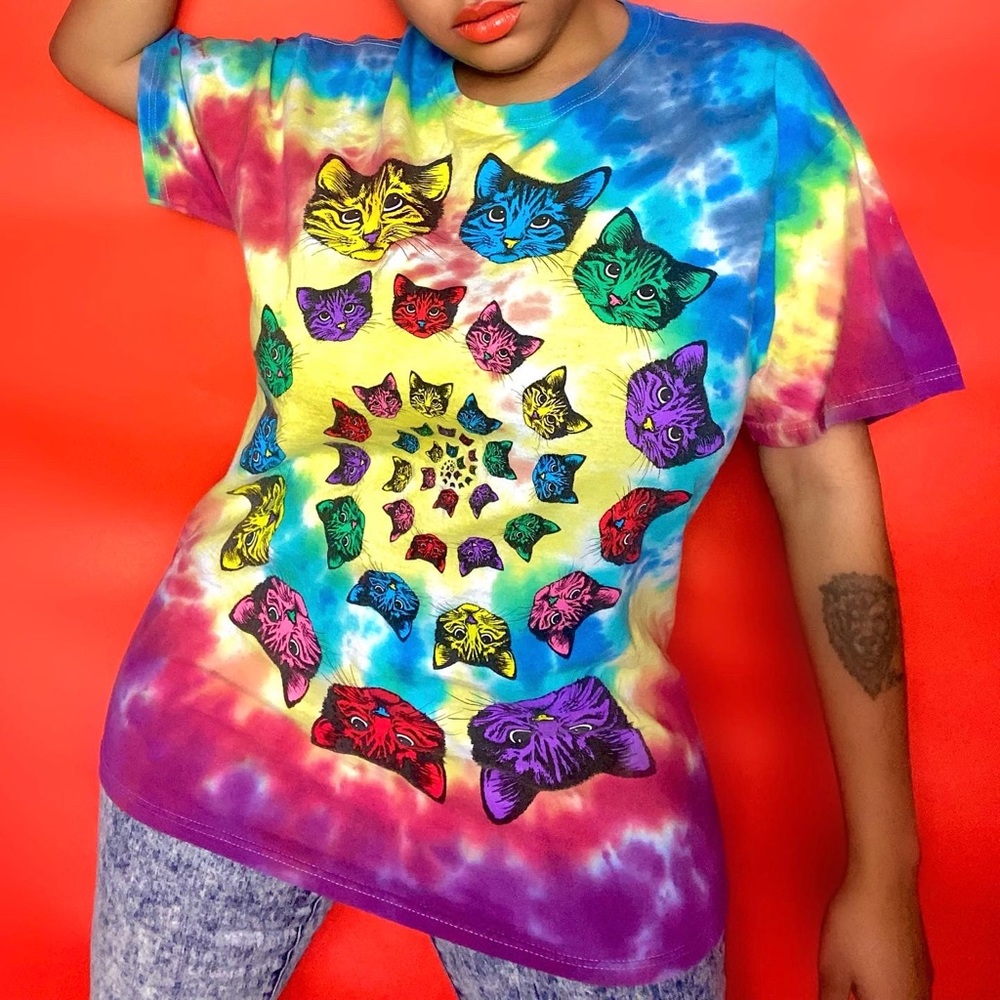 Vintage deadstock spiral cat tie dye t-shirt Grateful Dead theme